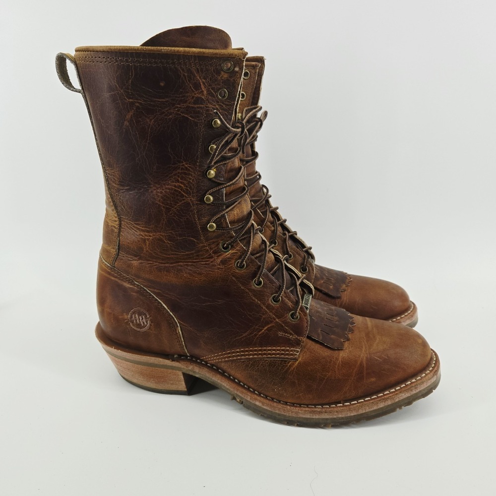 Double H Lacer Western Rodeo Cowboy Brown Leather Boots Kiltie Men's Size 10 D